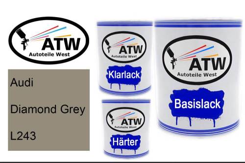 Audi, Diamond Grey, L243: 1L Lackdose + 1L Klarlack + 500ml Härter - Set, von ATW Autoteile West.